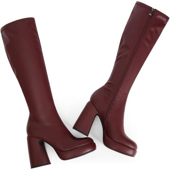 Women's Burgundy Platform Knee High Boots Chunky Heel Rounded Toe Zipper - Picture 7 of 9
